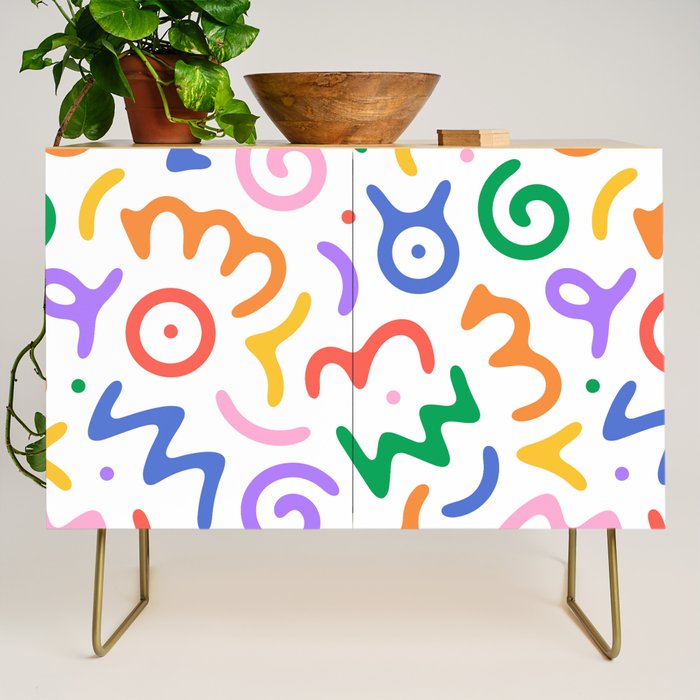 Colorful fun doodle symbol art pattern Credenza Gallery Image 1
