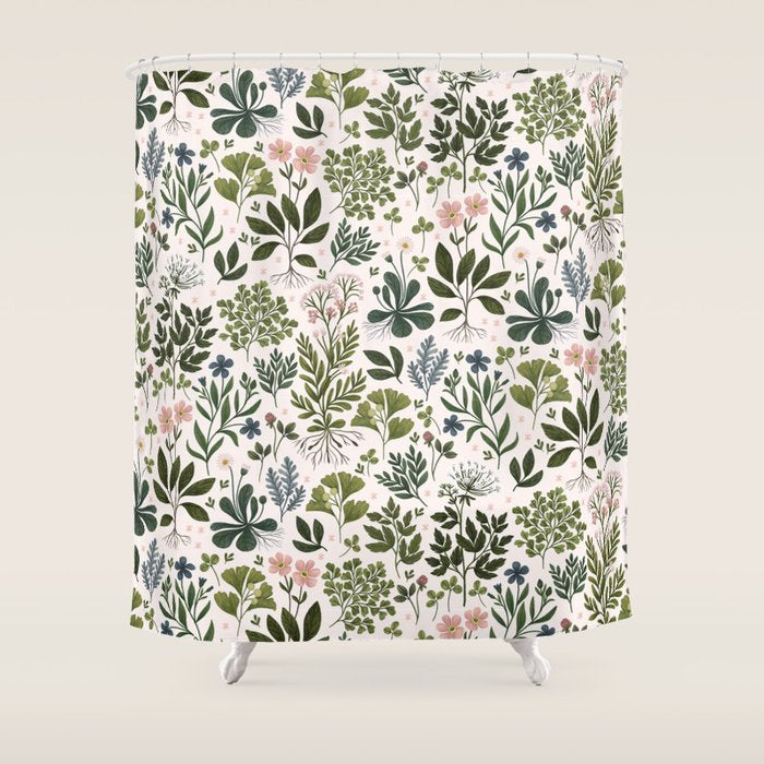 Herbarium ~ vintage inspired botanical art print ~ white Shower Curtain Gallery Image 1