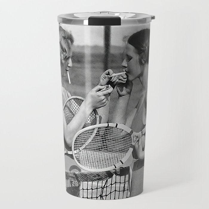 Tennis Players Taking a Cigarette Break, Black and White Vintage Art Travel Mug Gallery Image 1