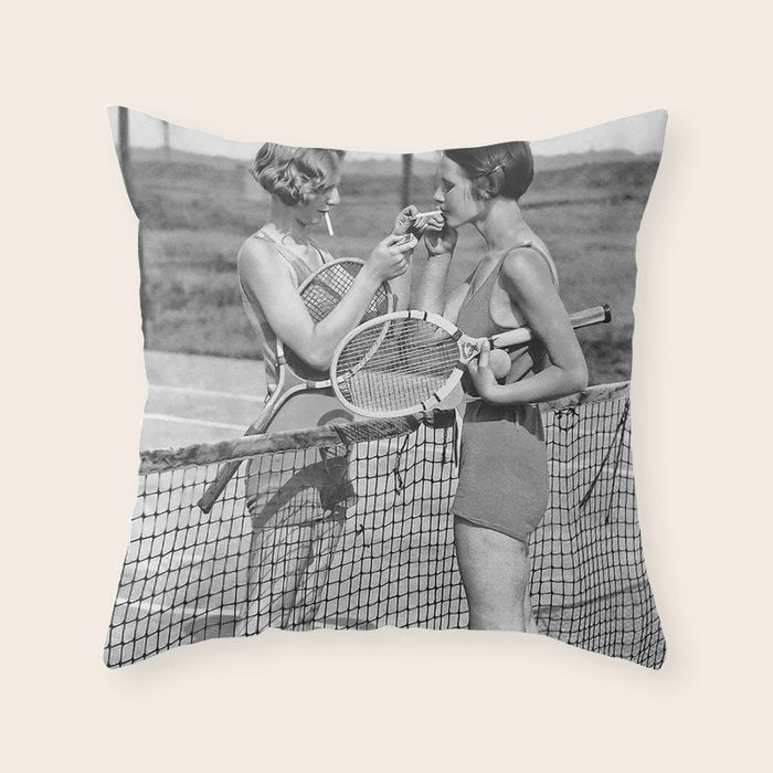 Tennis Players Taking a Cigarette Break, Black and White Vintage Art Throw Pillow Gallery Image 1