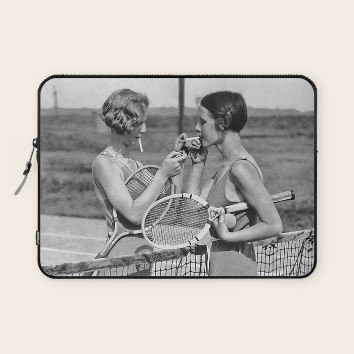 Tennis Players Taking a Cigarette Break, Black and White Vintage Art Laptop Sleeve Gallery Image 1