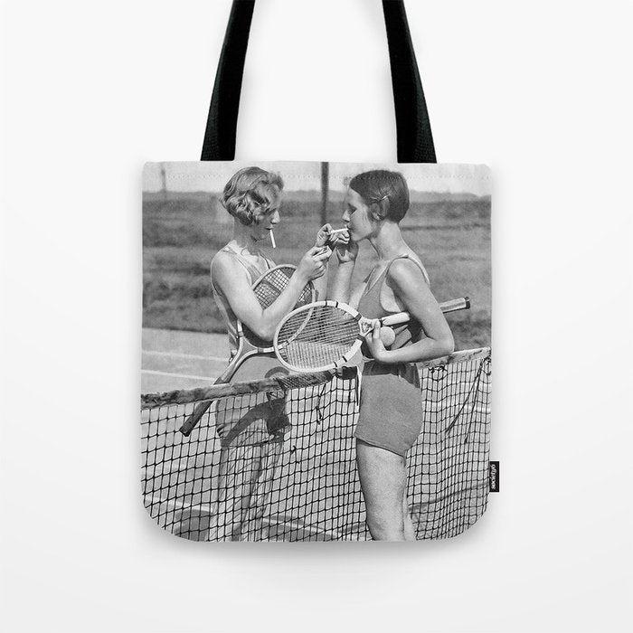 Tennis Players Taking a Cigarette Break, Black and White Vintage Art Tote Bag Gallery Image 1