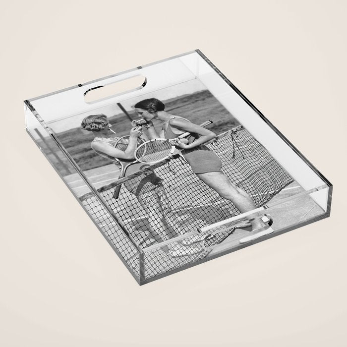 Tennis Players Taking a Cigarette Break, Black and White Vintage Art Acrylic Tray Gallery Image 1