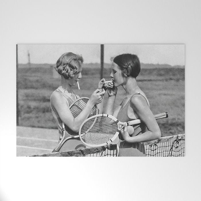 Tennis Players Taking a Cigarette Break, Black and White Vintage Art Welcome Mat Gallery Image 1