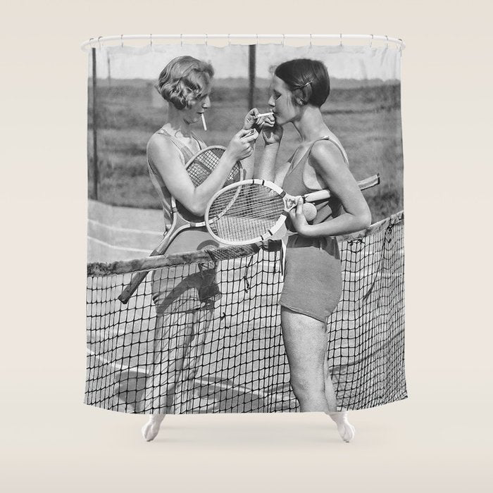 Tennis Players Taking a Cigarette Break, Black and White Vintage Art Shower Curtain Gallery Image 1