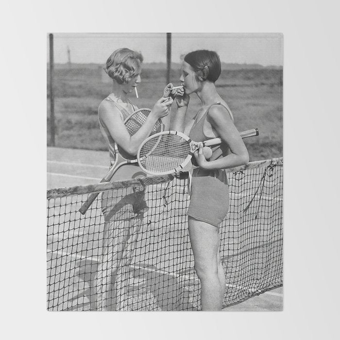 Tennis Players Taking a Cigarette Break, Black and White Vintage Art Throw Blanket Gallery Image 2
