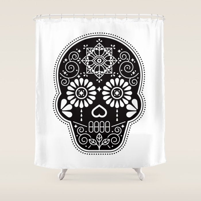 DÃ­a de Muertos Calavera â¢ Mexican Sugar Skull - Black Palette Shower Curtain Gallery Image 1