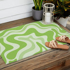 Retro Liquid Swirl Abstract Pattern in Light Lime Green Outdoor Rug Gallery Image 2