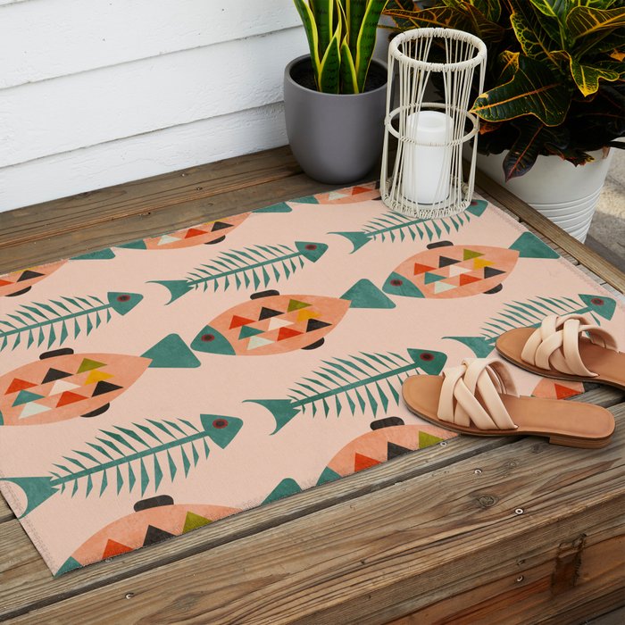 mid mod retro fishes pink Outdoor Rug Gallery Image 2