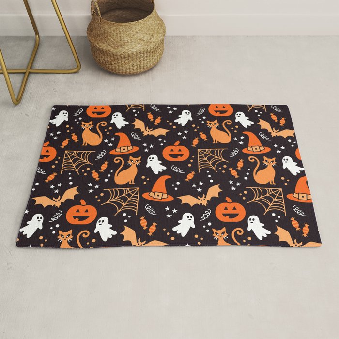 Halloween party illustrations orange, black Rug Gallery Image 1