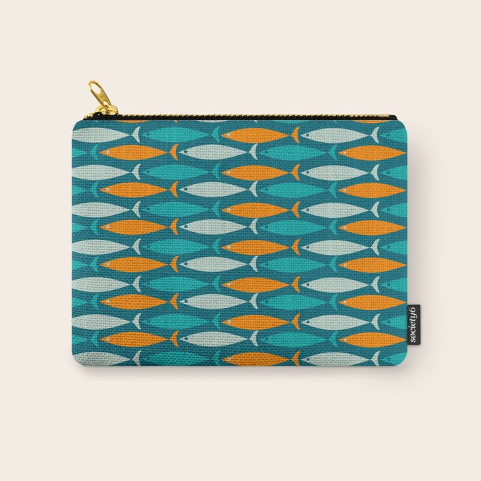 Mid Century Modern Fish Stripes Pattern Turquoise Orange Aqua Teal Carry All Pouch Gallery Image 1