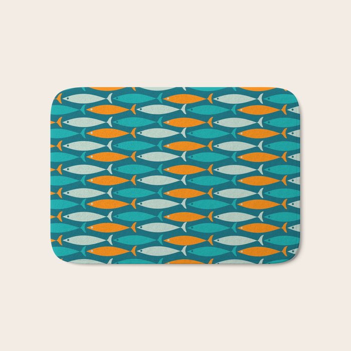 Mid Century Modern Fish Stripes Pattern Turquoise Orange Aqua Teal Bath Mat Gallery Image 1