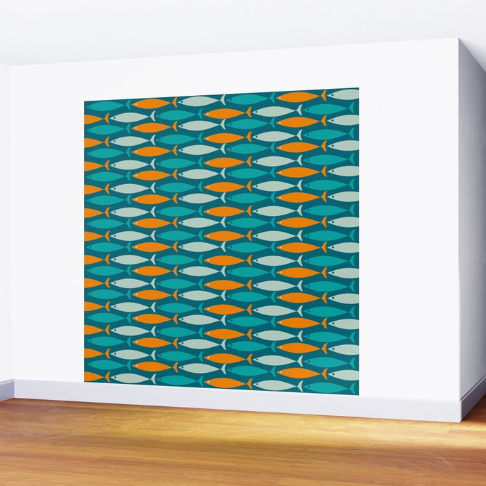 Mid Century Modern Fish Stripes Pattern Turquoise Orange Aqua Teal Wall Mural Gallery Image 2