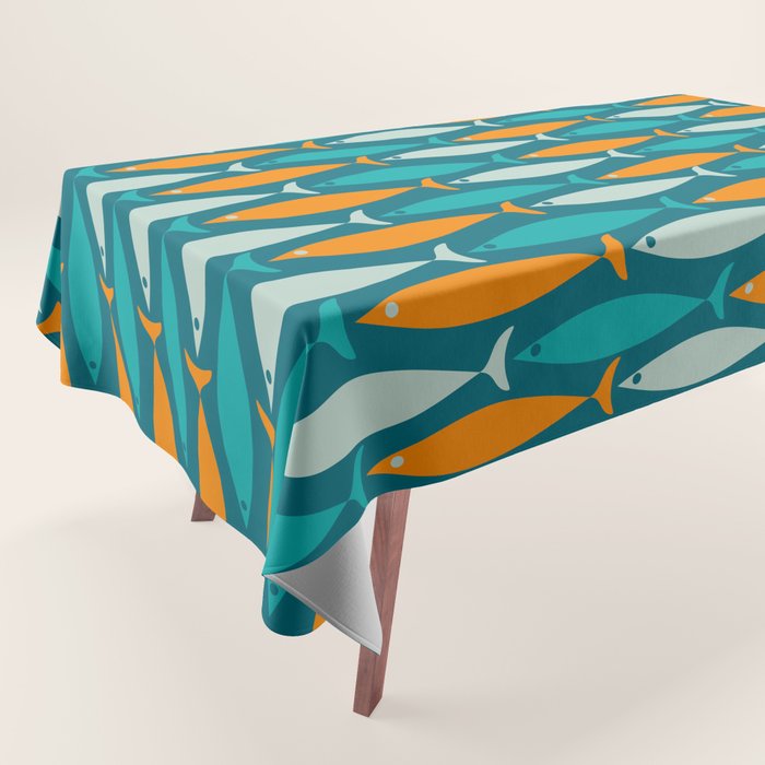 Mid Century Modern Fish Stripes Pattern Turquoise Orange Aqua Teal Tablecloth Gallery Image 1