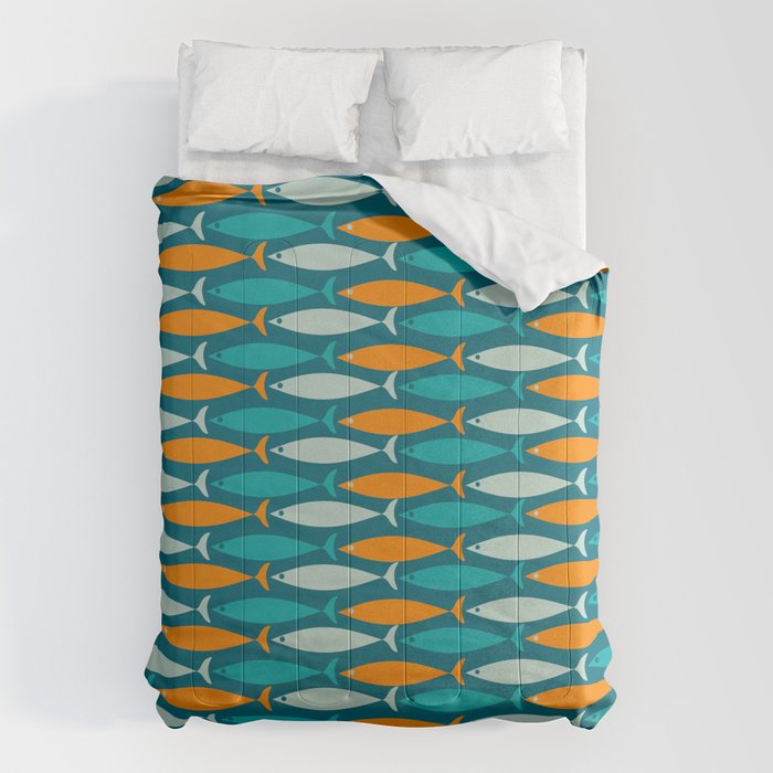 Mid Century Modern Fish Stripes Pattern Turquoise Orange Aqua Teal Comforter Gallery Image 6