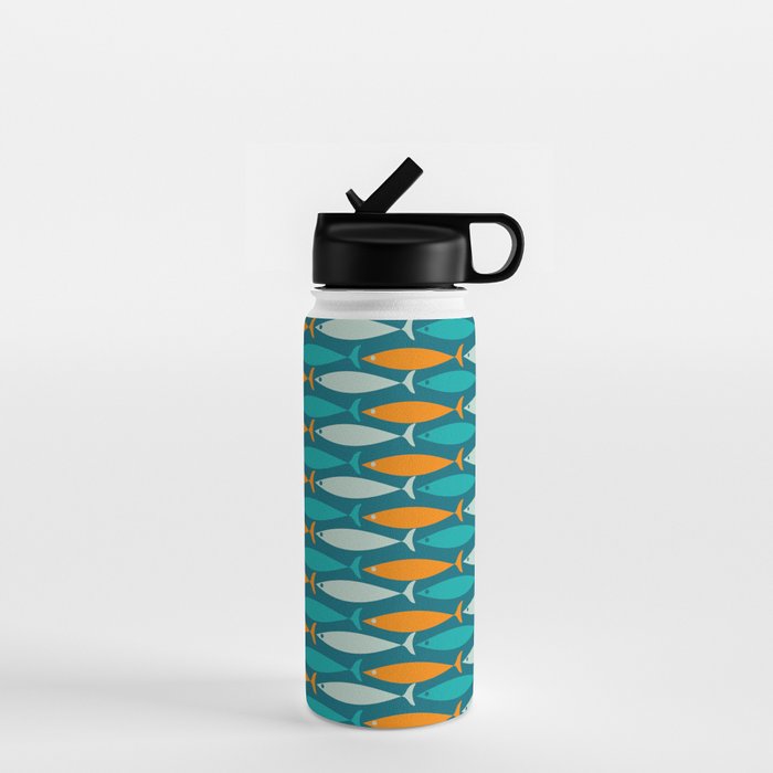 Mid Century Modern Fish Stripes Pattern Turquoise Orange Aqua Teal Water Bottle Gallery Image 1