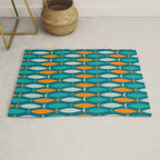 Mid Century Modern Fish Stripes Pattern Turquoise Orange Aqua Teal Rug Gallery Image 1