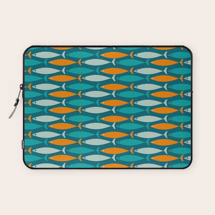 Mid Century Modern Fish Stripes Pattern Turquoise Orange Aqua Teal Laptop Sleeve Gallery Image 1