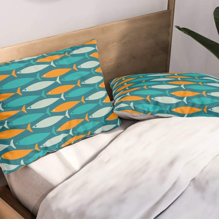 Mid Century Modern Fish Stripes Pattern Turquoise Orange Aqua Teal Pillow Sham Gallery Image 2