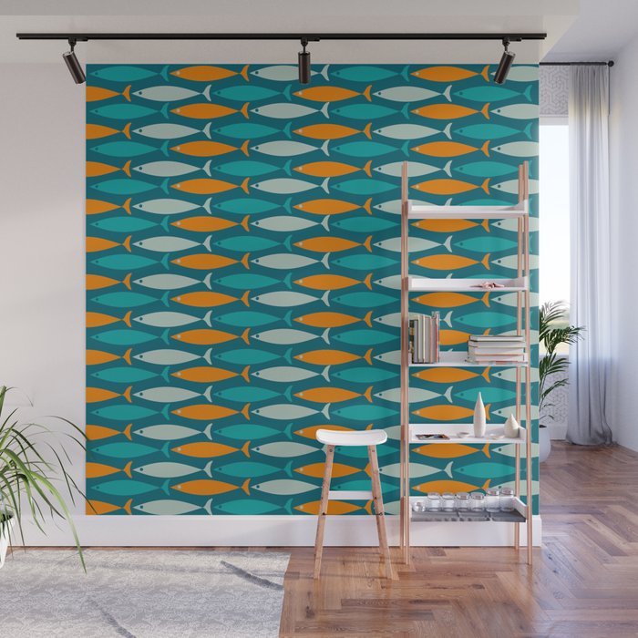Mid Century Modern Fish Stripes Pattern Turquoise Orange Aqua Teal Wall Mural Gallery Image 1