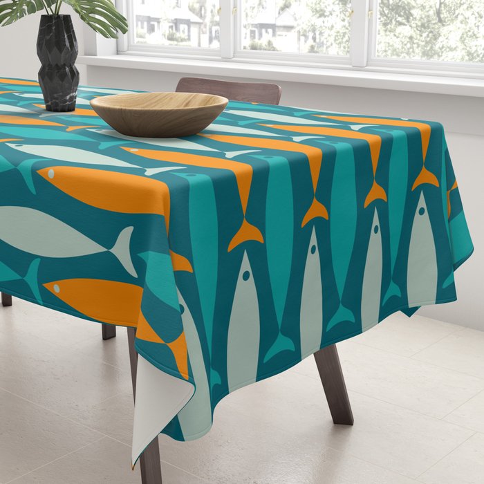 Mid Century Modern Fish Stripes Pattern Turquoise Orange Aqua Teal Tablecloth Gallery Image 3