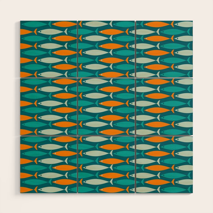 Mid Century Modern Fish Stripes Pattern Turquoise Orange Aqua Teal Wood Wall Art Gallery Image 1
