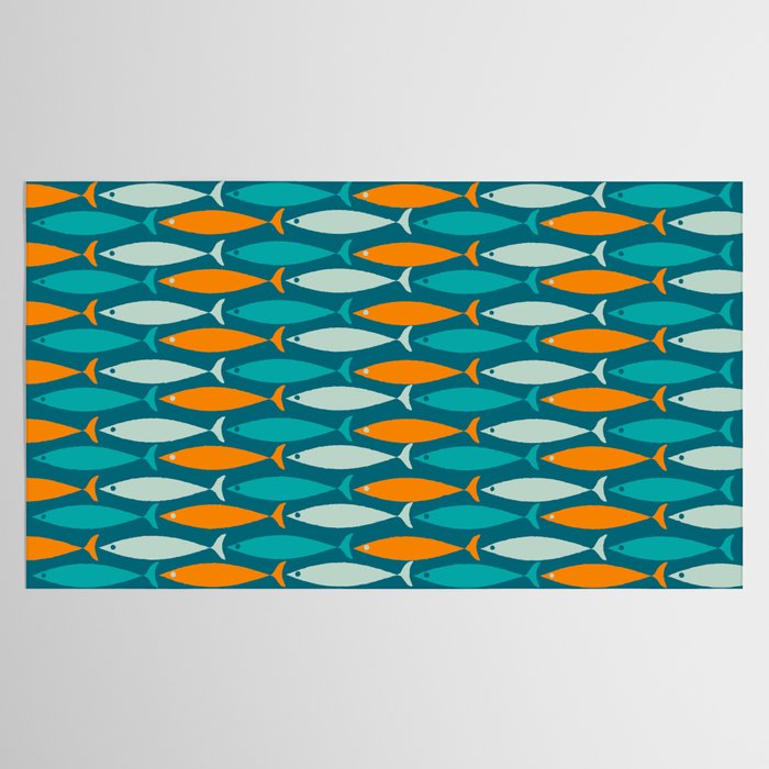 Mid Century Modern Fish Stripes Pattern Turquoise Orange Aqua Teal Tablecloth Gallery Image 2