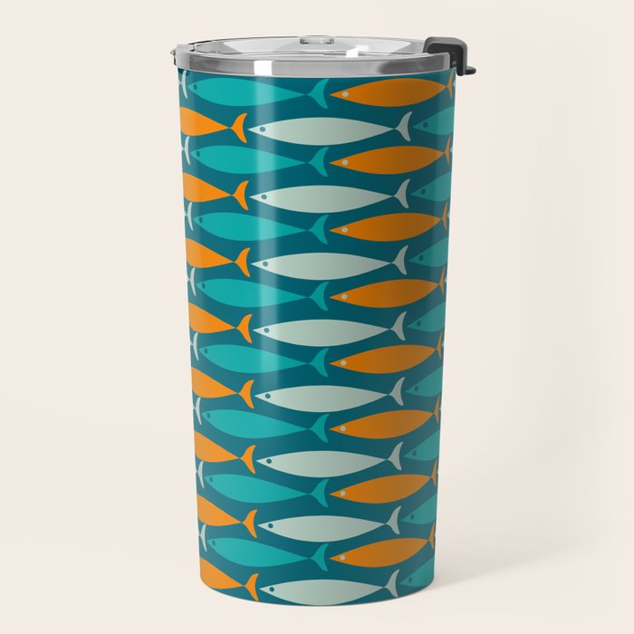 Mid Century Modern Fish Stripes Pattern Turquoise Orange Aqua Teal Travel Mug Gallery Image 2