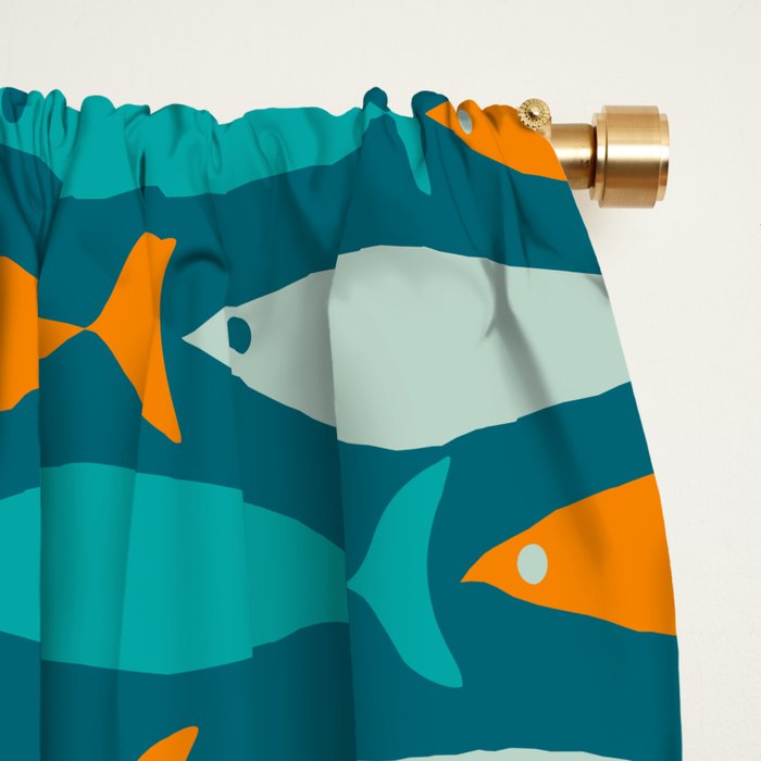 Mid Century Modern Fish Stripes Pattern Turquoise Orange Aqua Teal Window Curtain Gallery Image 2