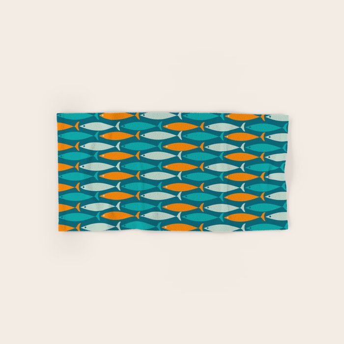 Mid Century Modern Fish Stripes Pattern Turquoise Orange Aqua Teal Bath Towel Gallery Image 1