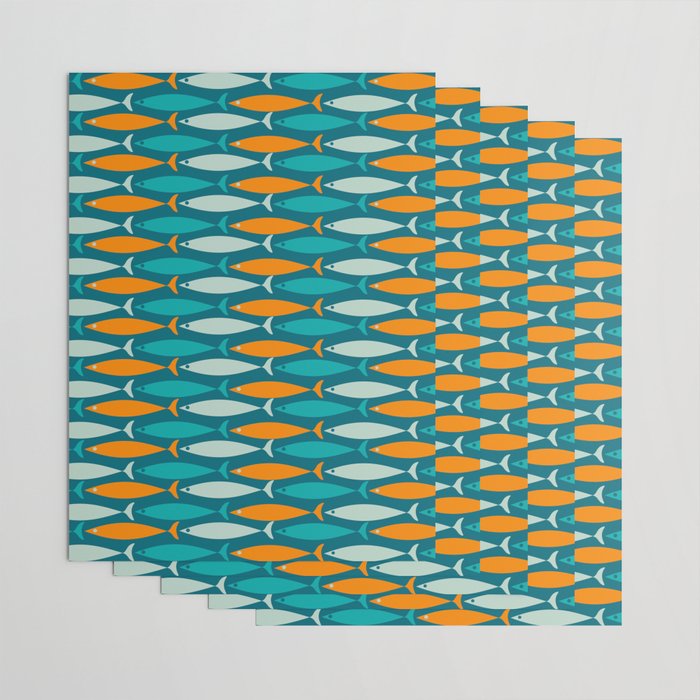 Mid Century Modern Fish Stripes Pattern Turquoise Orange Aqua Teal Wrapping Paper Gallery Image 3
