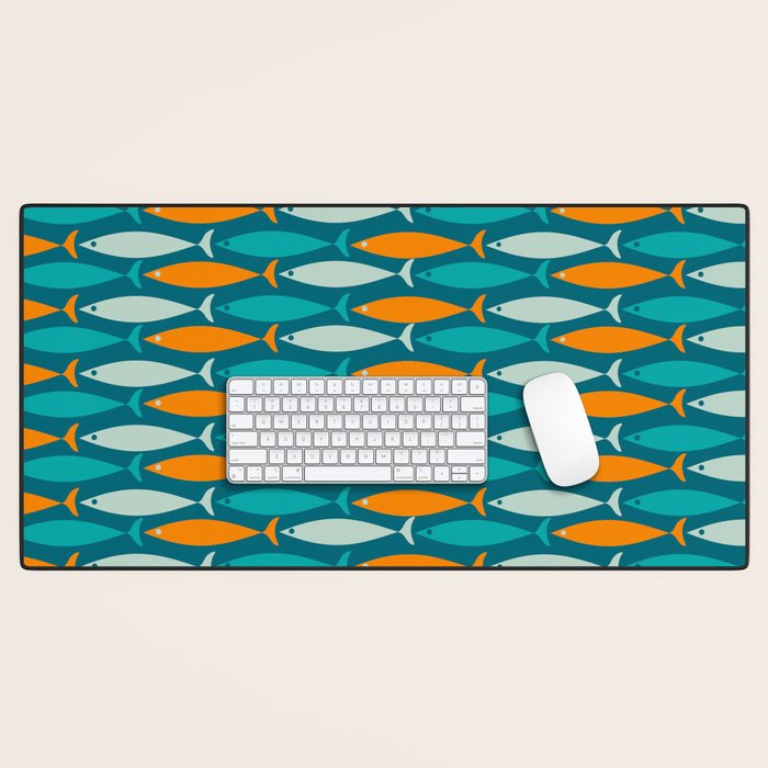 Mid Century Modern Fish Stripes Pattern Turquoise Orange Aqua Teal Desk Mat Gallery Image 1