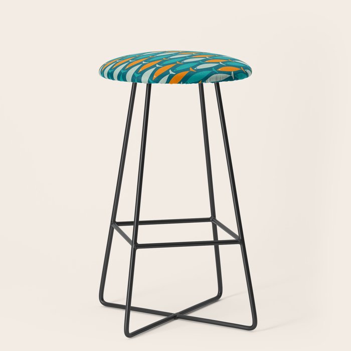 Mid Century Modern Fish Stripes Pattern Turquoise Orange Aqua Teal Stool Gallery Image 1