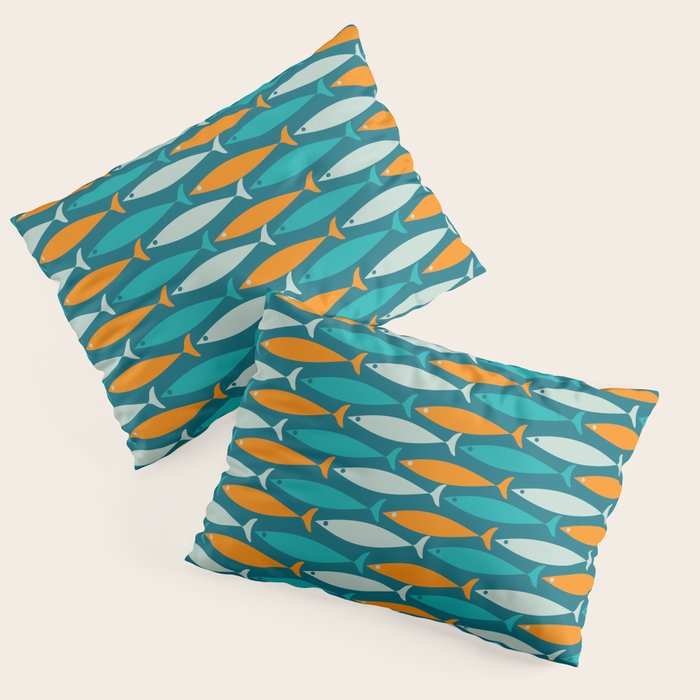 Mid Century Modern Fish Stripes Pattern Turquoise Orange Aqua Teal Pillow Sham Gallery Image 3
