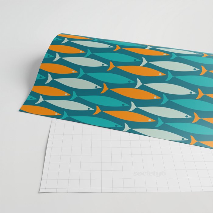 Mid Century Modern Fish Stripes Pattern Turquoise Orange Aqua Teal Wrapping Paper Gallery Image 2