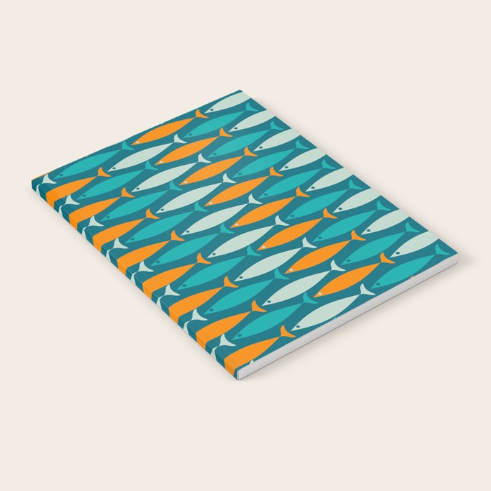 Mid Century Modern Fish Stripes Pattern Turquoise Orange Aqua Teal Notebook Gallery Image 1