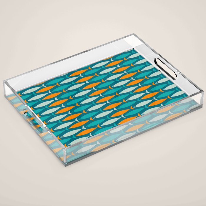 Mid Century Modern Fish Stripes Pattern Turquoise Orange Aqua Teal Acrylic Tray Gallery Image 1