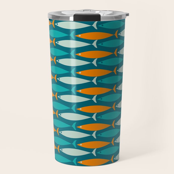 Mid Century Modern Fish Stripes Pattern Turquoise Orange Aqua Teal Travel Mug Gallery Image 1