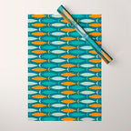 Mid Century Modern Fish Stripes Pattern Turquoise Orange Aqua Teal Wrapping Paper Gallery Image 1