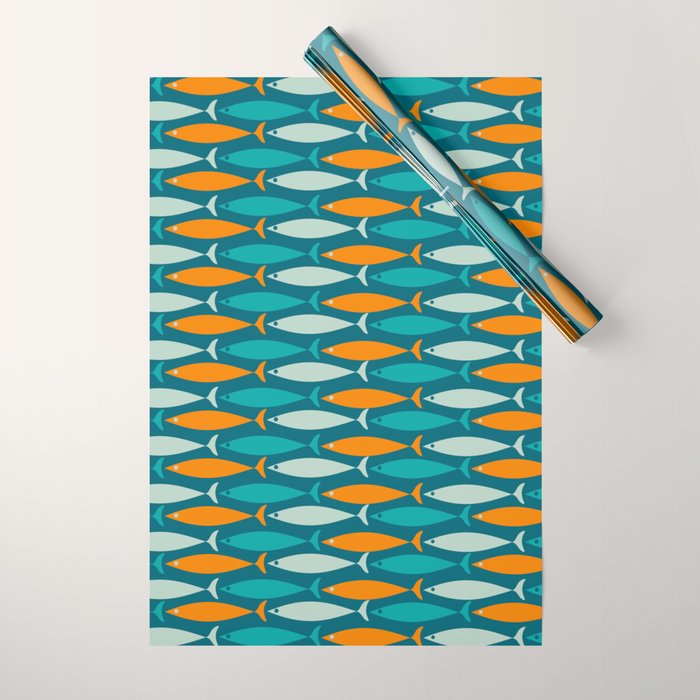 Mid Century Modern Fish Stripes Pattern Turquoise Orange Aqua Teal Wrapping Paper Gallery Image 1
