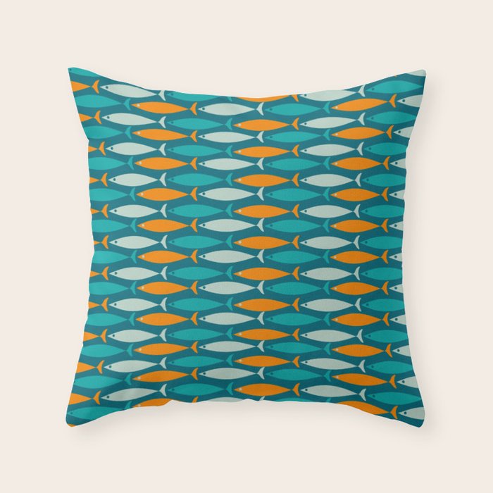 Mid Century Modern Fish Stripes Pattern Turquoise Orange Aqua Teal Throw Pillow Gallery Image 6