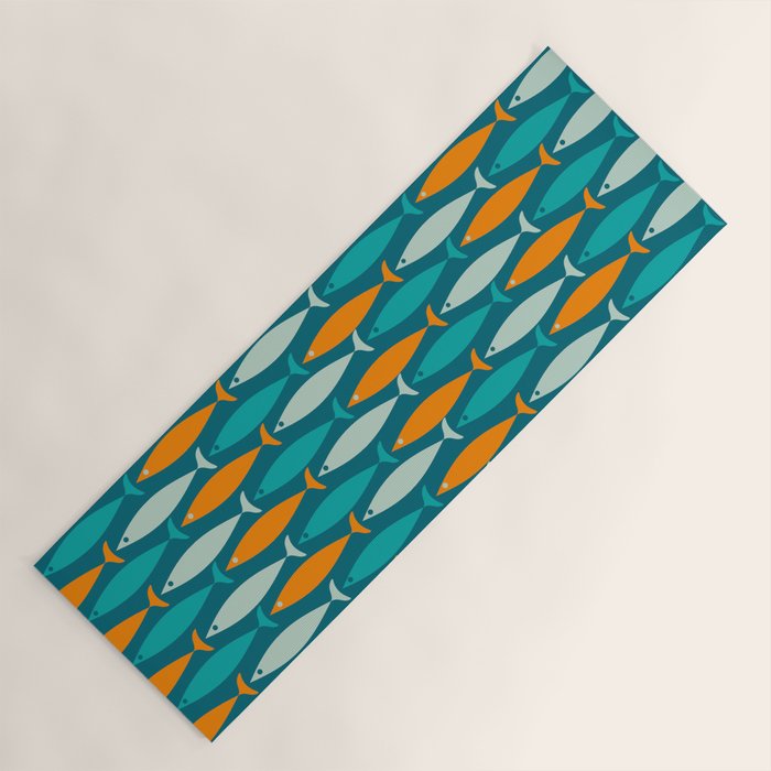 Mid Century Modern Fish Stripes Pattern Turquoise Orange Aqua Teal Yoga Mat Gallery Image 1