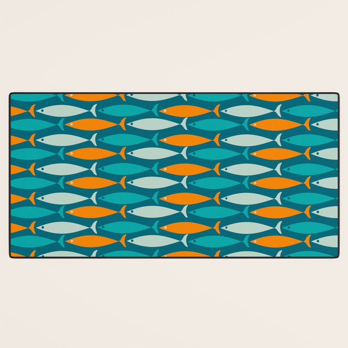 Mid Century Modern Fish Stripes Pattern Turquoise Orange Aqua Teal Desk Mat Gallery Image 3