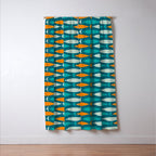 Mid Century Modern Fish Stripes Pattern Turquoise Orange Aqua Teal Window Curtain Gallery Image 3