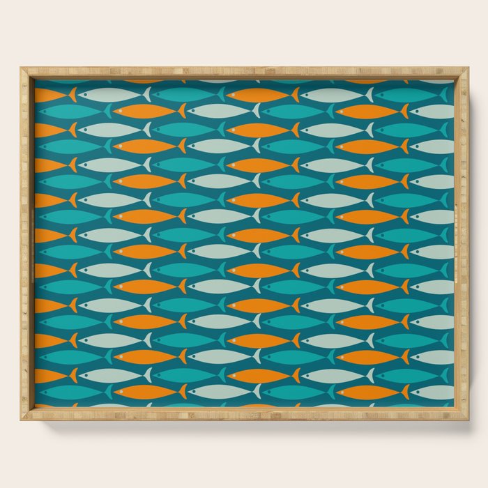 Mid Century Modern Fish Stripes Pattern Turquoise Orange Aqua Teal Serving Tray Gallery Image 1