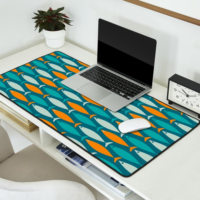 Mid Century Modern Fish Stripes Pattern Turquoise Orange Aqua Teal Desk Mat Gallery Image 2