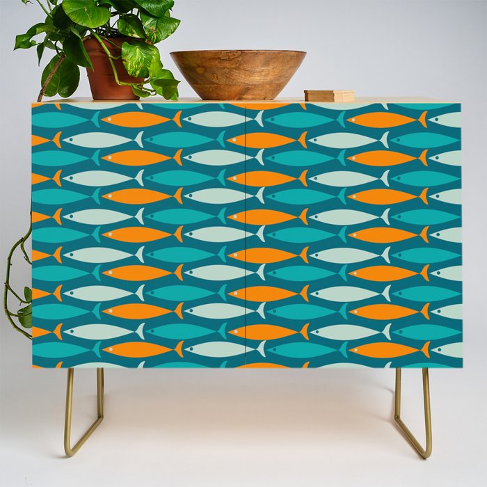 Mid Century Modern Fish Stripes Pattern Turquoise Orange Aqua Teal Credenza Gallery Image 1