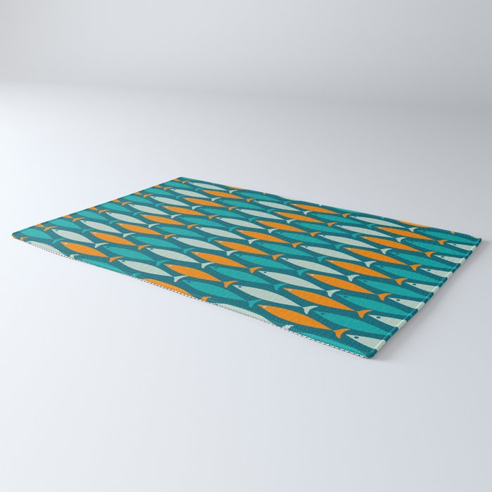 Mid Century Modern Fish Stripes Pattern Turquoise Orange Aqua Teal Rug Gallery Image 3