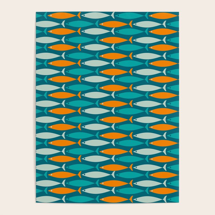 Mid Century Modern Fish Stripes Pattern Turquoise Orange Aqua Teal Poster Gallery Image 1