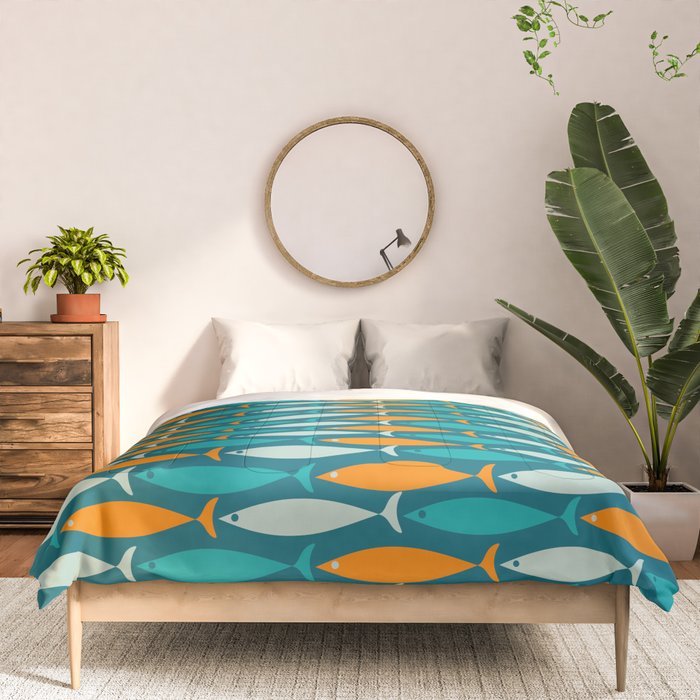 Mid Century Modern Fish Stripes Pattern Turquoise Orange Aqua Teal Comforter Gallery Image 3